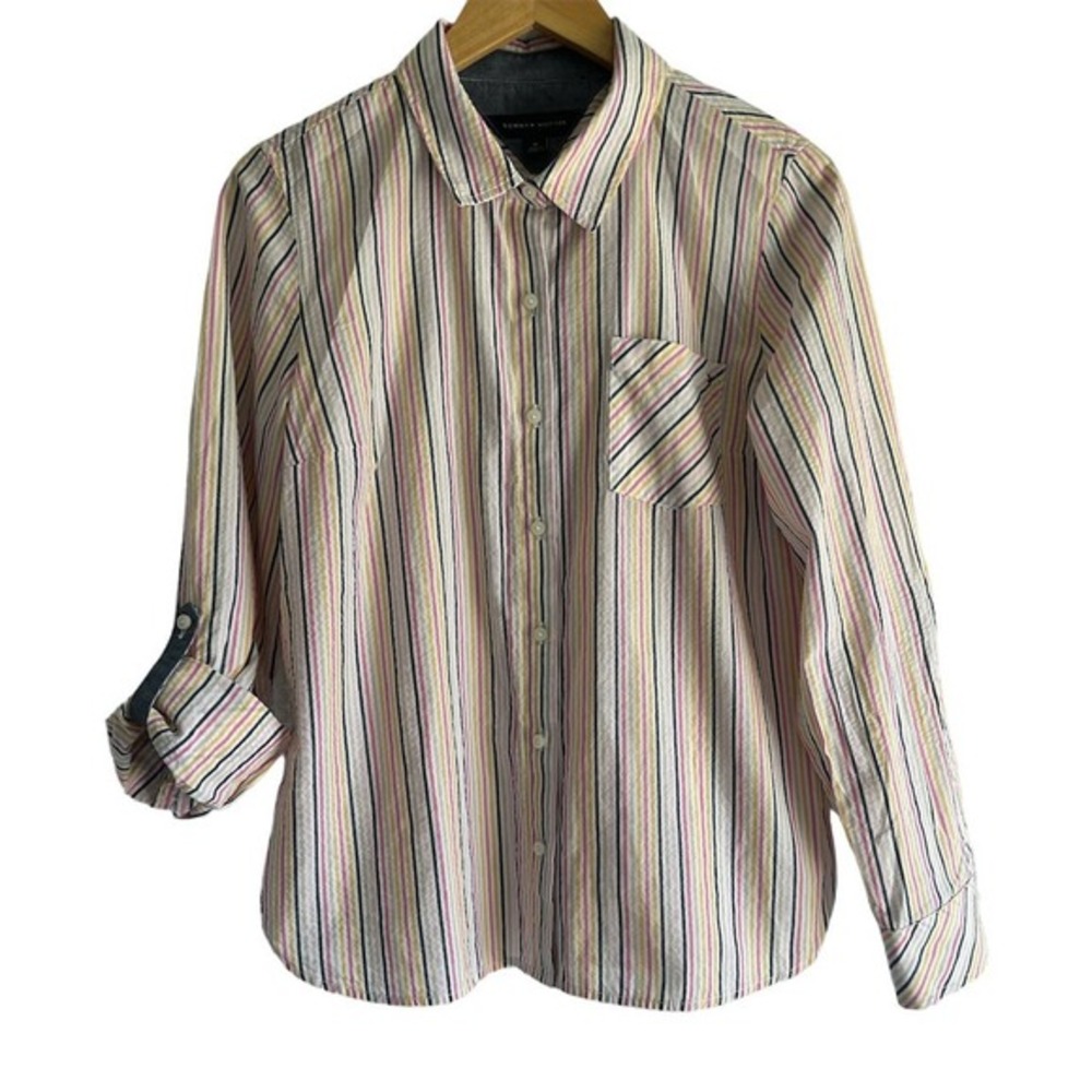 Tommy Hilfiger Size Medium Striped Button Up Shirt Arm‎ Tabbed Rainbow